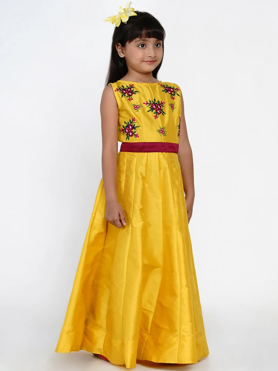 Girls Yellow Embroidered Fit And Flare Dress