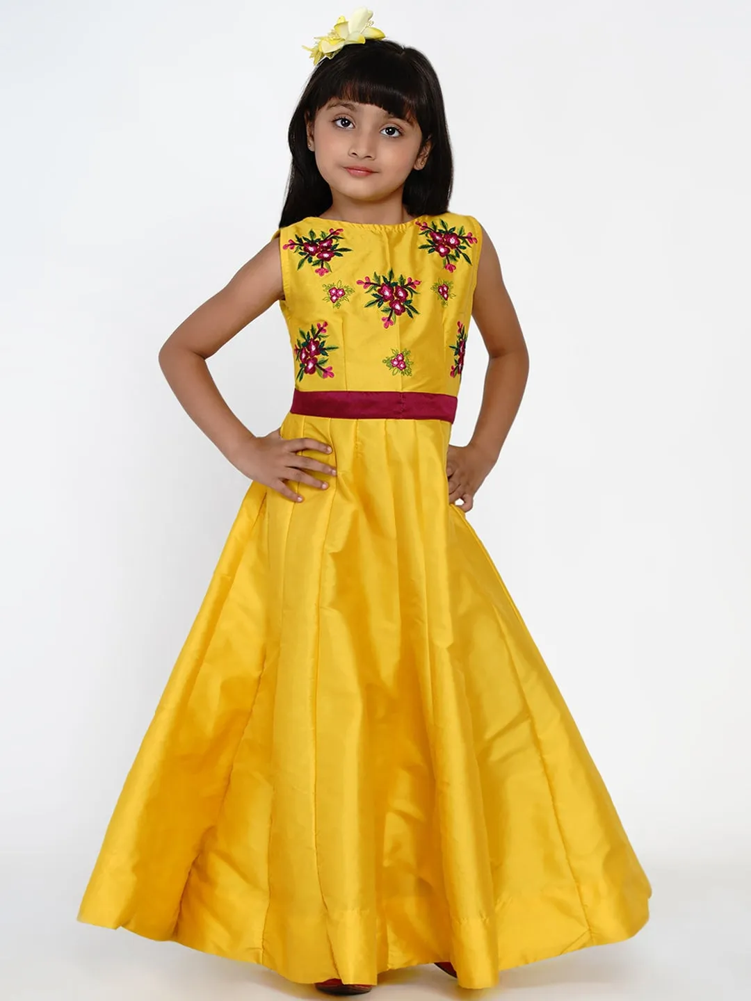 Girls Yellow Embroidered Fit And Flare Dress