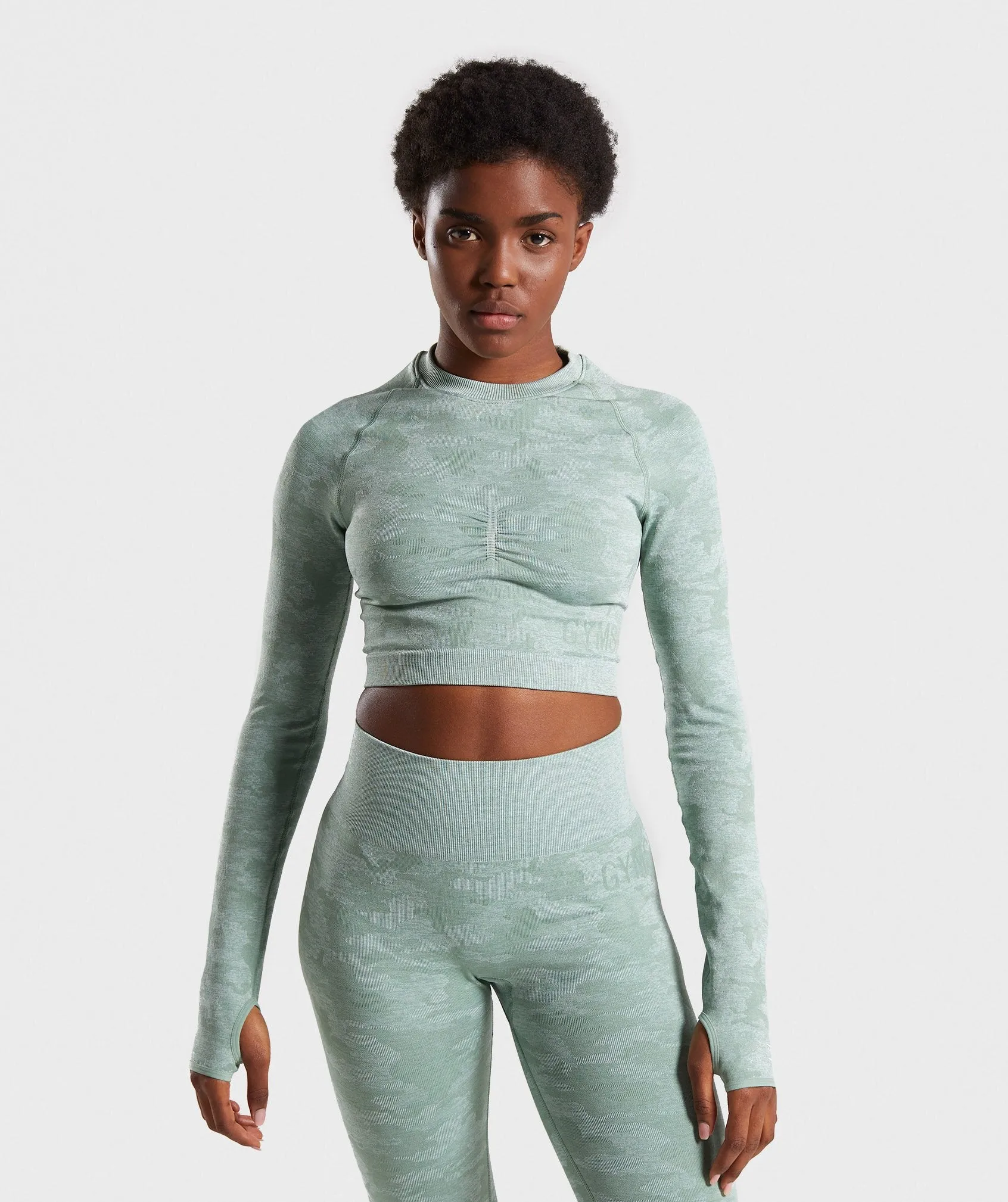 Gymshark Camo Seamless Long Sleeve Crop Top - Sage Green