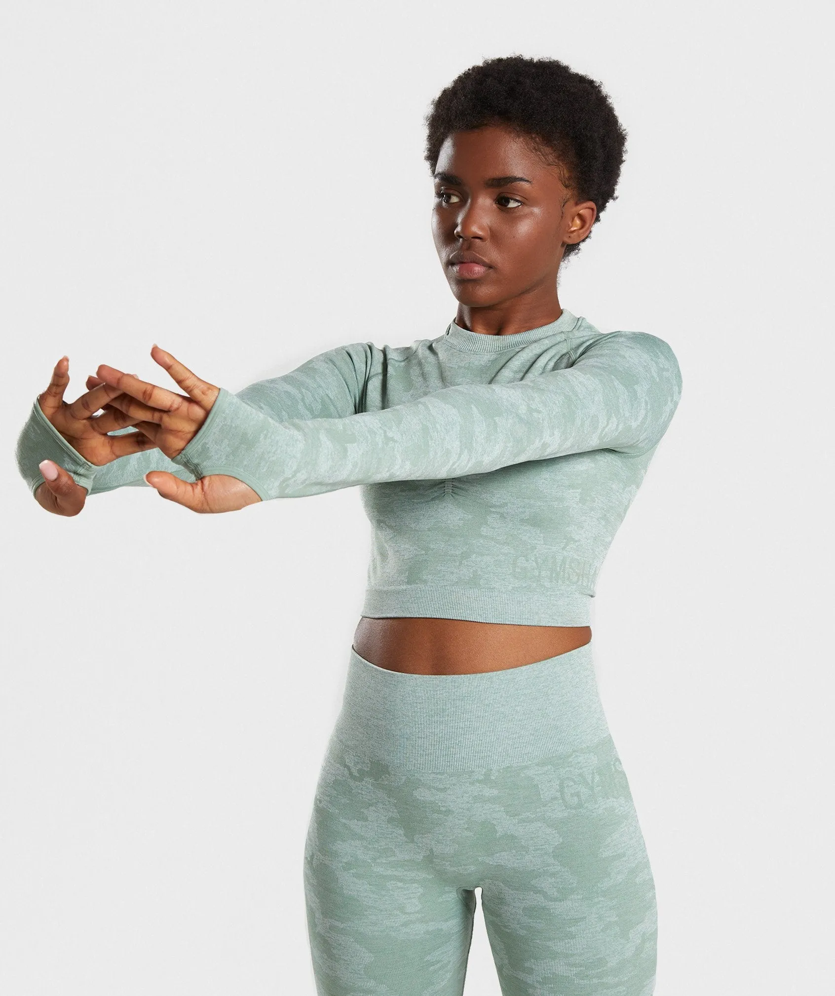 Gymshark Camo Seamless Long Sleeve Crop Top - Sage Green