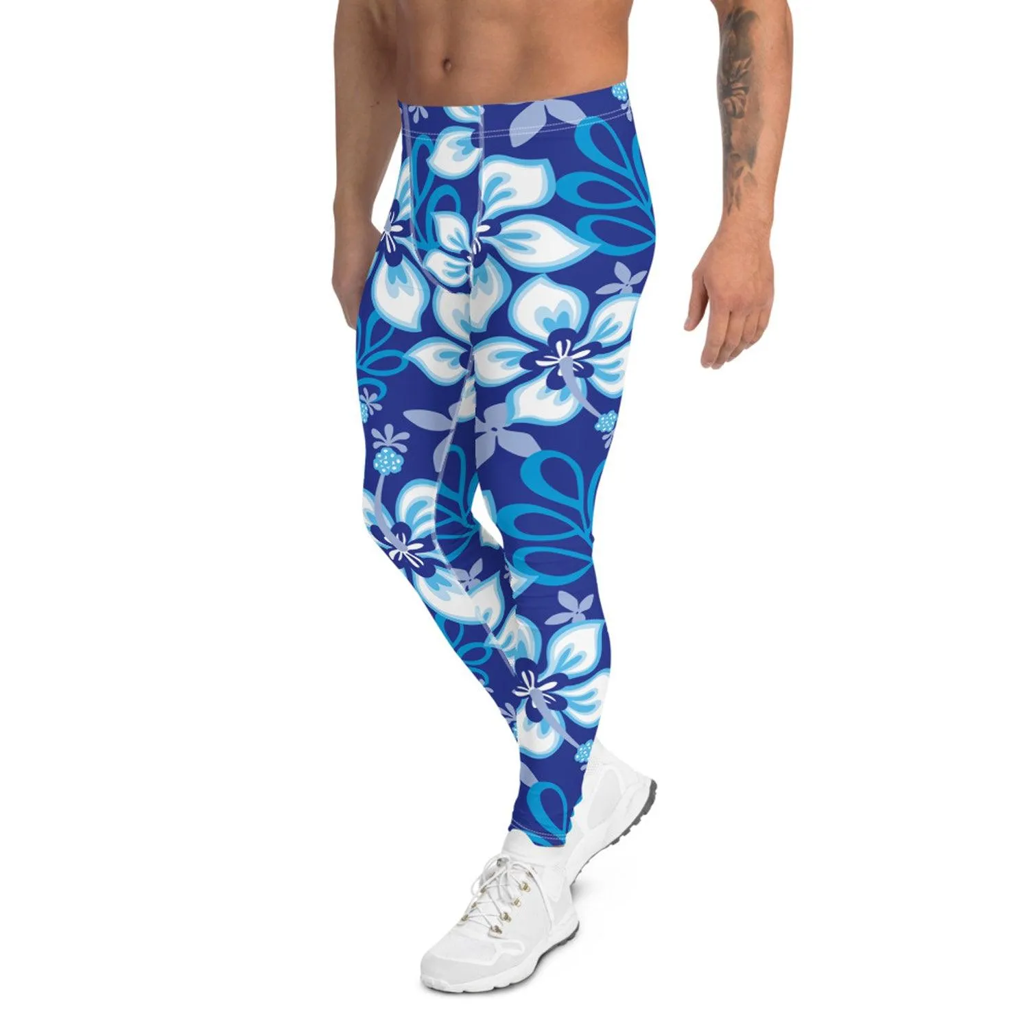 Hawaiian Hibiscus Leggings for Men in Ocean Blue