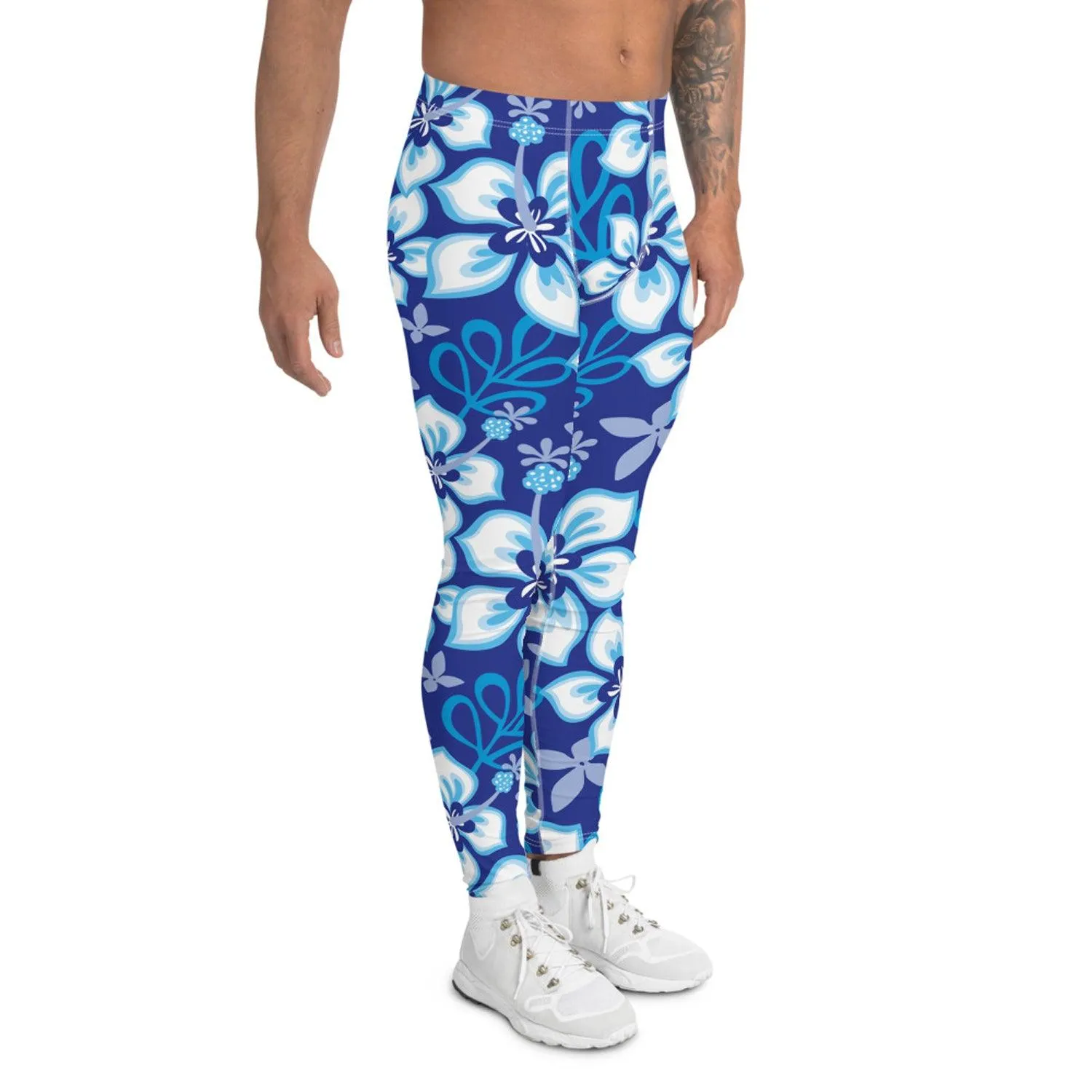 Hawaiian Hibiscus Leggings for Men in Ocean Blue