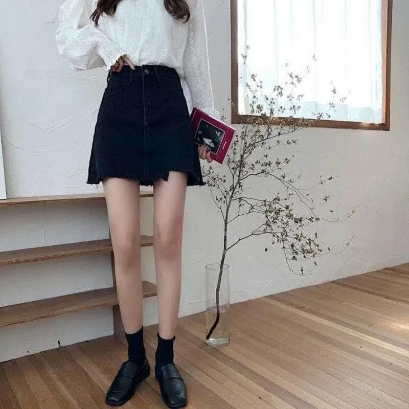 High-Waist Denim Skirt With Ripped Hem