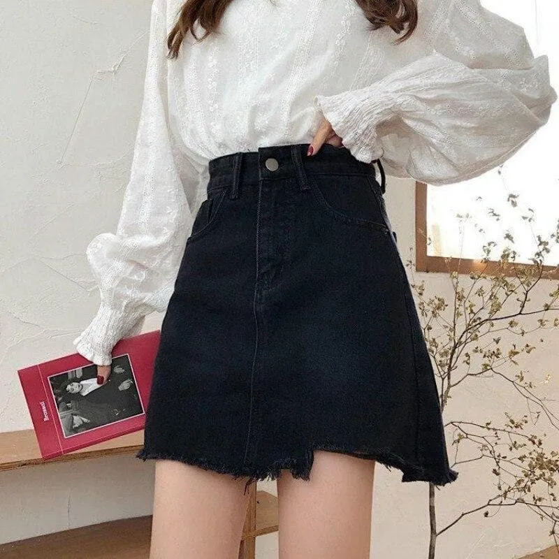 High-Waist Denim Skirt With Ripped Hem