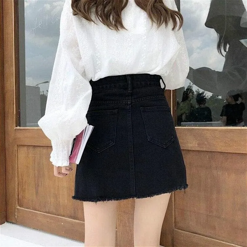 High-Waist Denim Skirt With Ripped Hem