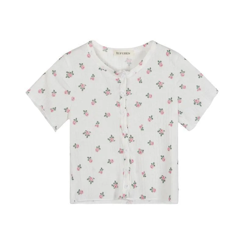 Little Flower Summery Crop Top With Buttons Kawaii T-Shirt Women