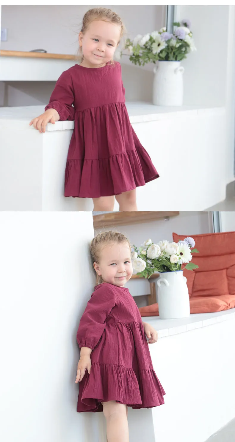 Long Sleeve Solid Color Casual Dresses Girls Fall Winter Outfit Clothes