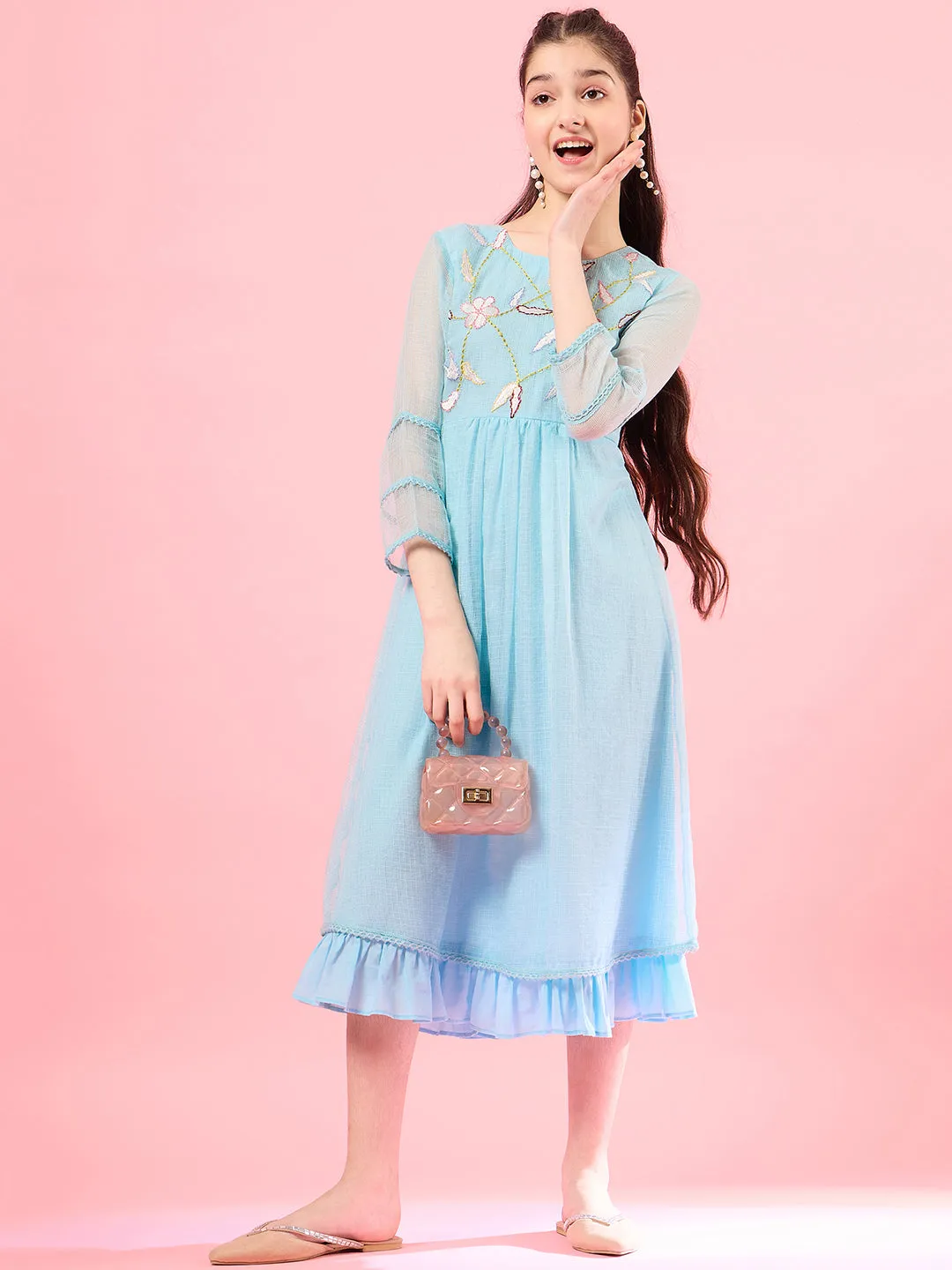 Long Sleeves Round Neck Cotton Flare Midi Dress