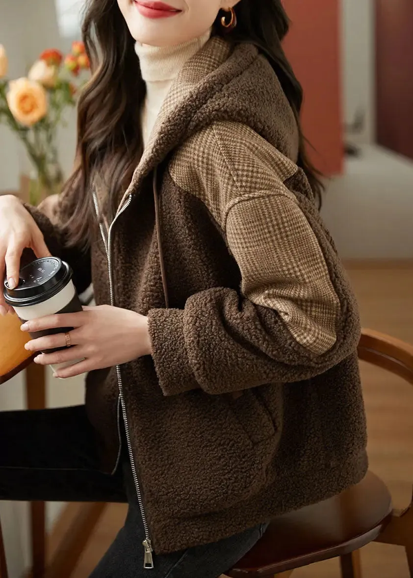 Loose Coffee Zippered Plaid Patchwork Faux Fur Hoodie Coat Fall LY8350