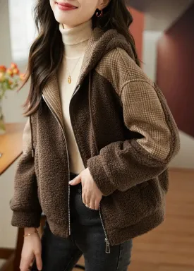 Loose Coffee Zippered Plaid Patchwork Faux Fur Hoodie Coat Fall LY8350