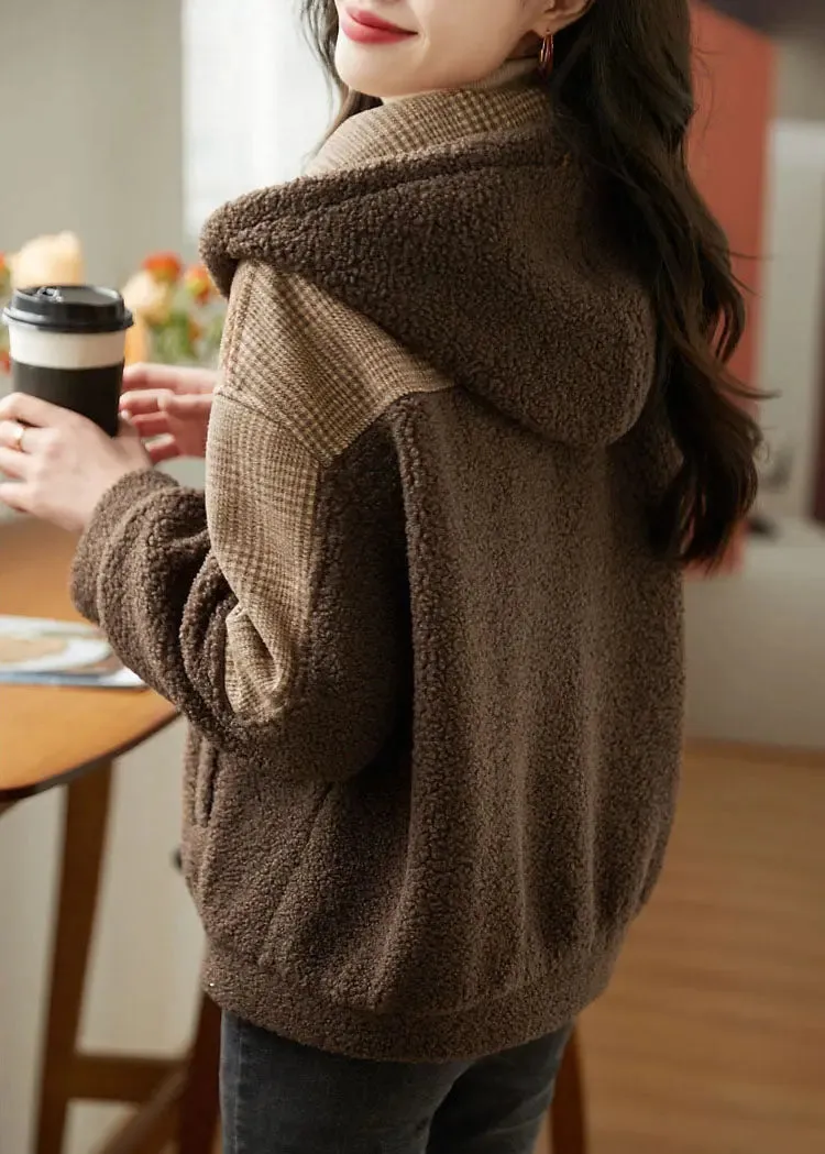 Loose Coffee Zippered Plaid Patchwork Faux Fur Hoodie Coat Fall LY8350