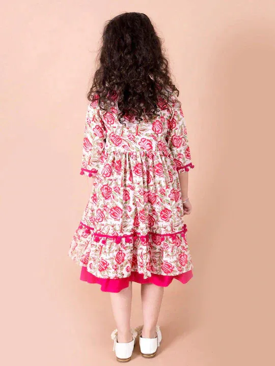 Magenta White Floral A-Line Cotton Dress With Attached Shrug