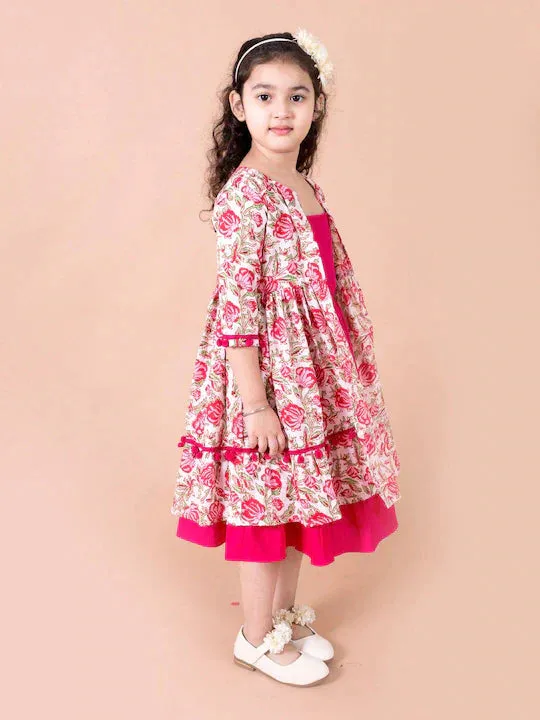 Magenta White Floral A-Line Cotton Dress With Attached Shrug