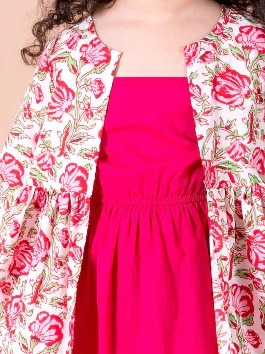 Magenta White Floral A-Line Cotton Dress With Attached Shrug