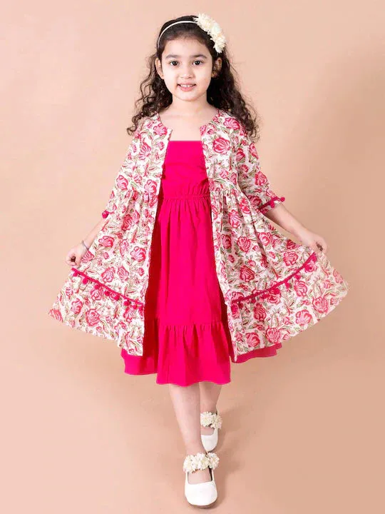 Magenta White Floral A-Line Cotton Dress With Attached Shrug