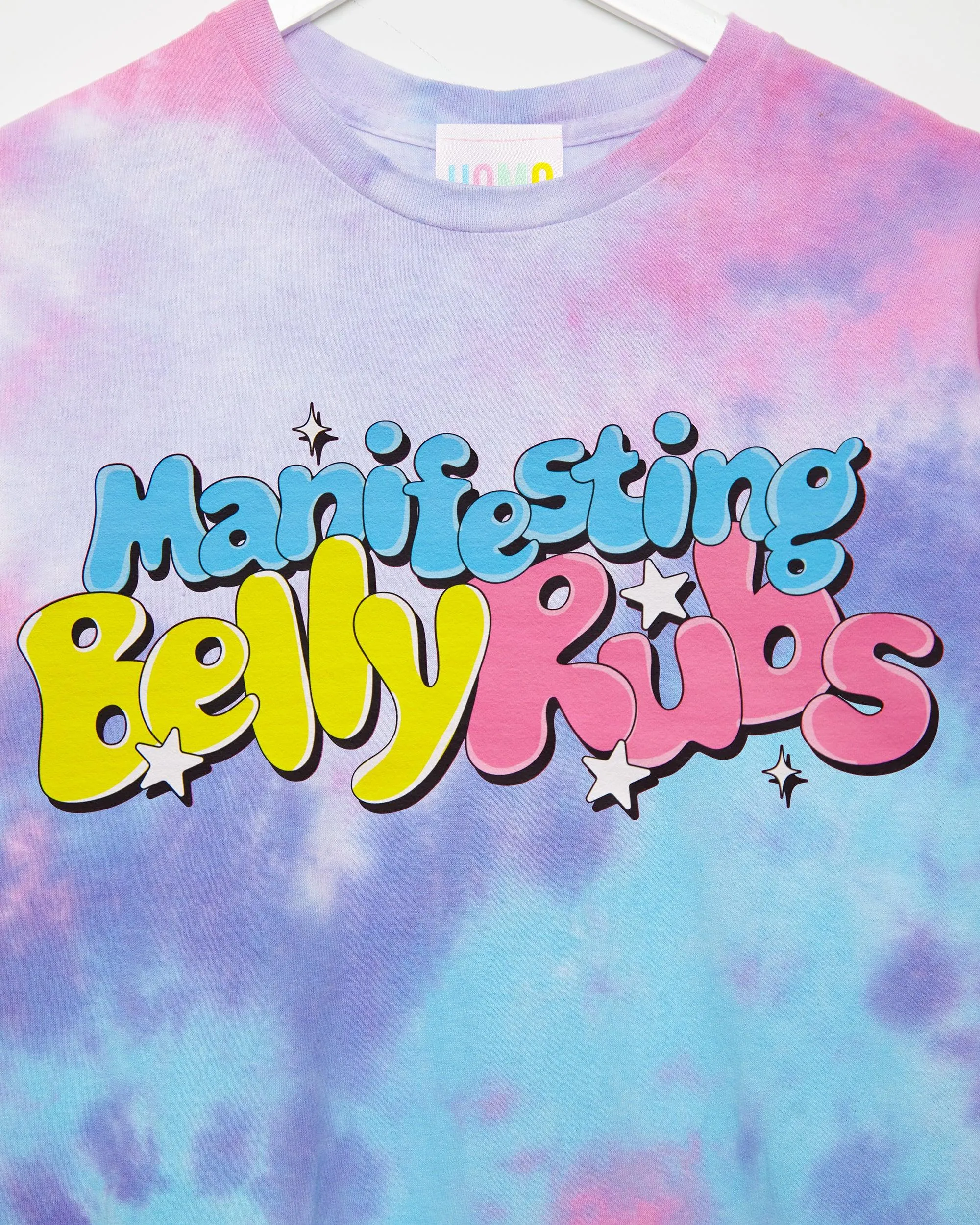 Manifesting belly rubs on tie dye -  tshirt crop / low cut crop