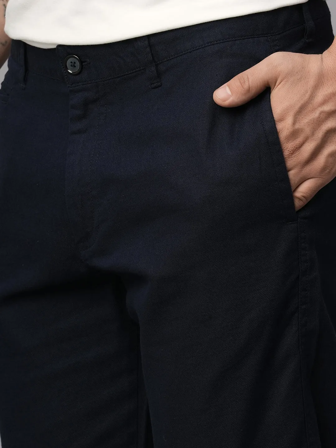 Men's Navy Cotton Linen Slim Fit Pant