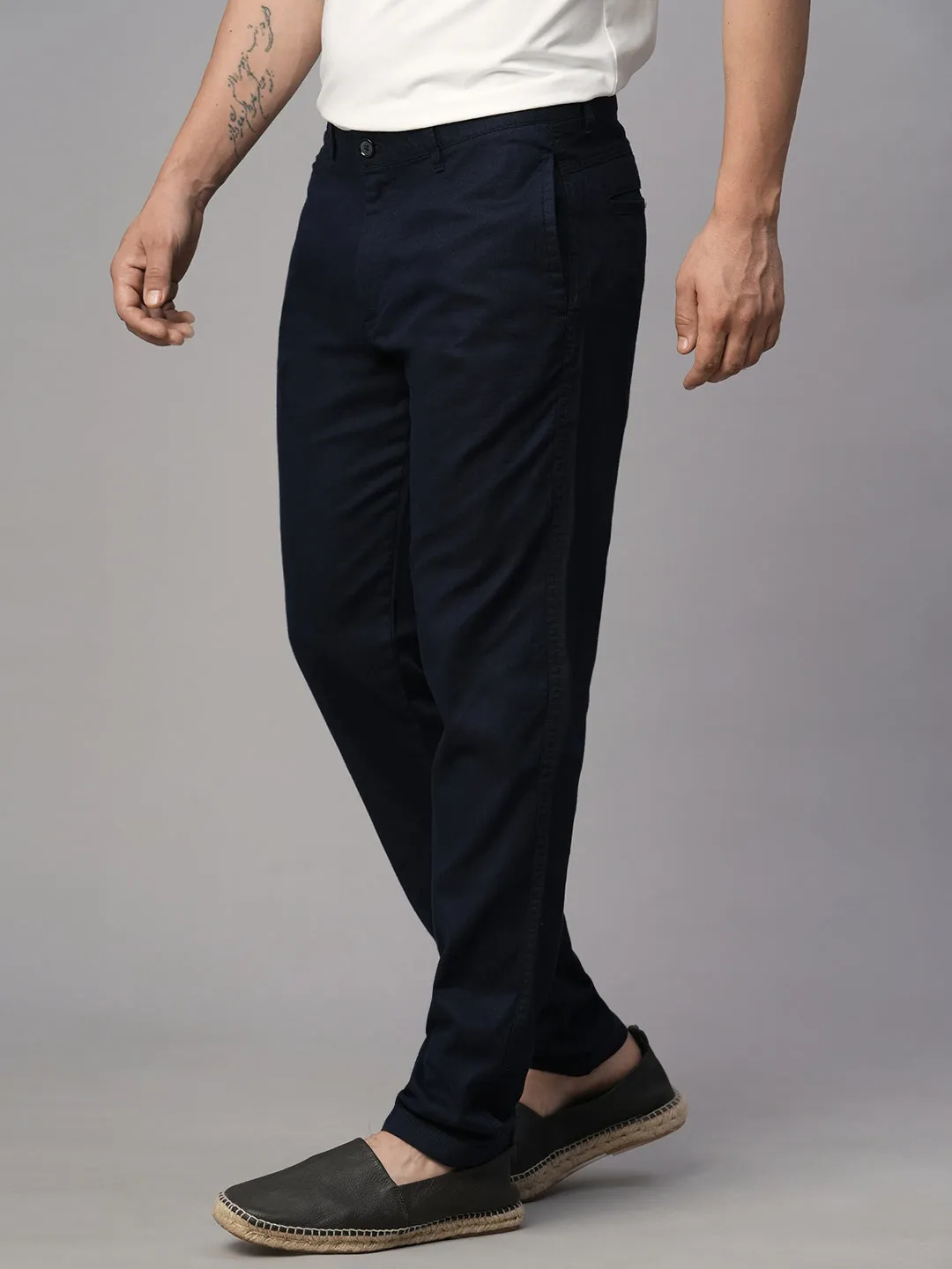 Men's Navy Cotton Linen Slim Fit Pant