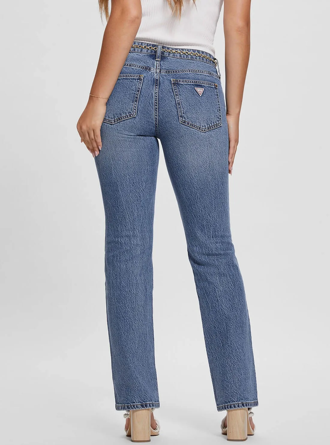 Mid-Rise G-Belt Sexy Straight Leg Denim Jeans In Lunar Blue Wash