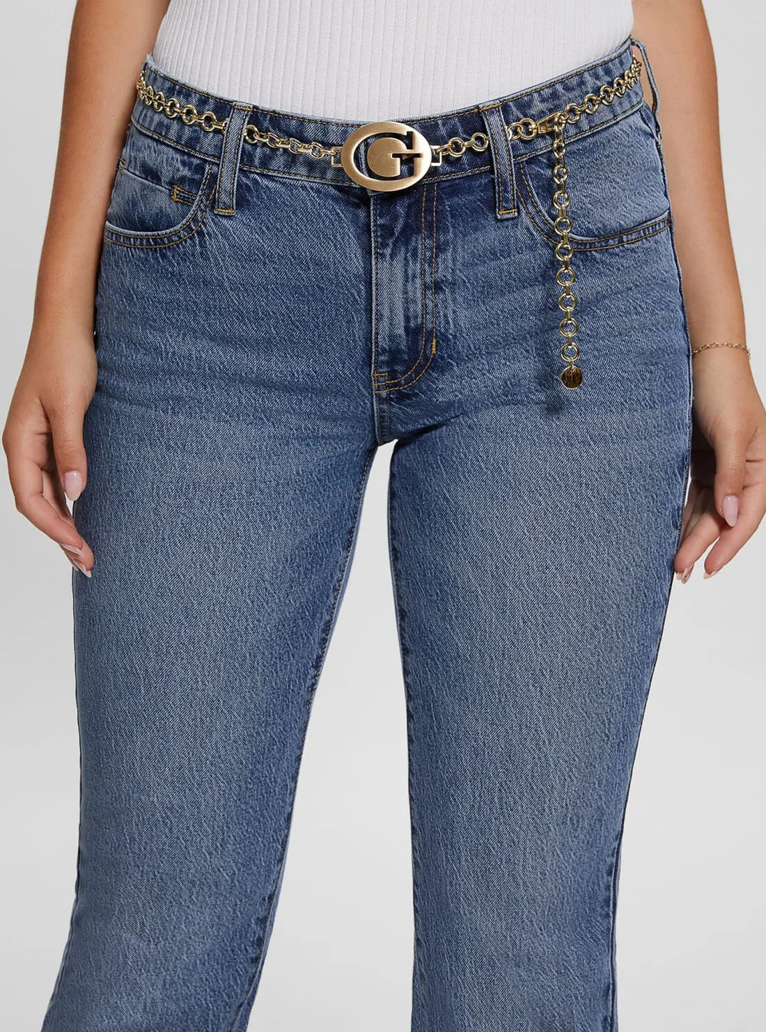 Mid-Rise G-Belt Sexy Straight Leg Denim Jeans In Lunar Blue Wash