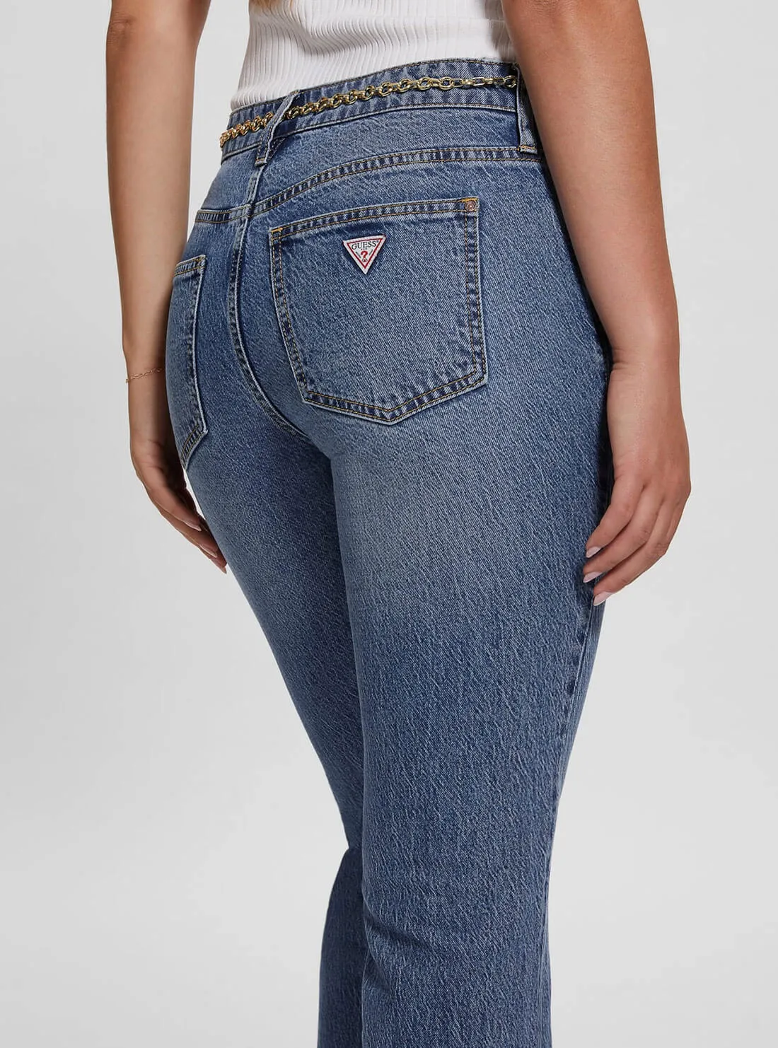 Mid-Rise G-Belt Sexy Straight Leg Denim Jeans In Lunar Blue Wash