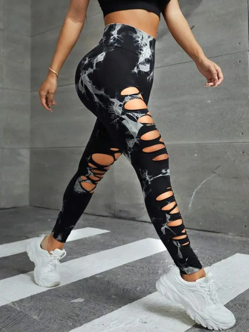 New Sexy Hollow Out Tie Dye Leggings Women Seamless Leggings High Waist Hip Liftting Stretchy Sports Fitness Running Yoga Tights