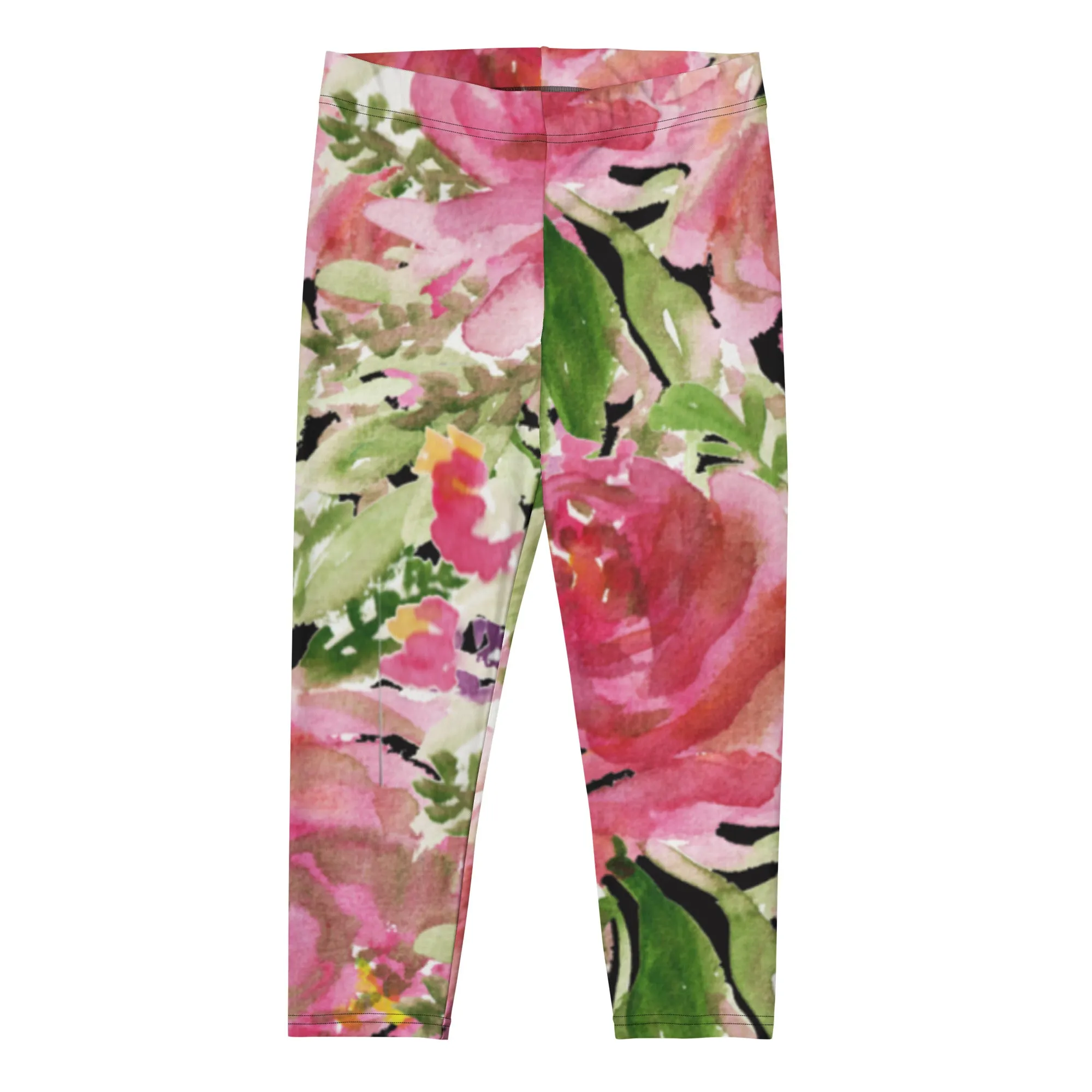 Pink Floral Women's Capri Leggings, Floral Casual Tights Floral Designer Casual 38–40 UPF Capri Leggings Activewear Outfit - Made in USA/EU/MX (US Size: XS-XL)