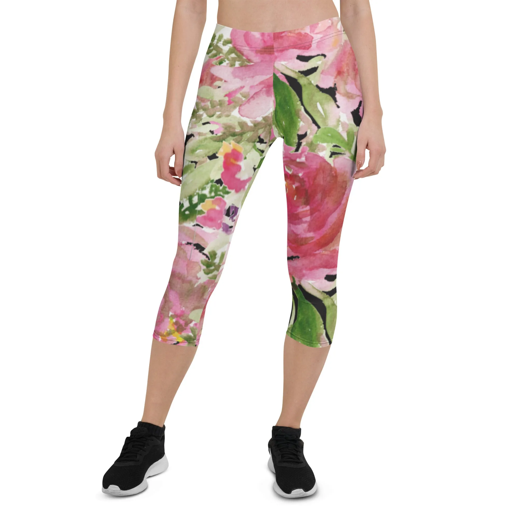 Pink Floral Women's Capri Leggings, Floral Casual Tights Floral Designer Casual 38–40 UPF Capri Leggings Activewear Outfit - Made in USA/EU/MX (US Size: XS-XL)