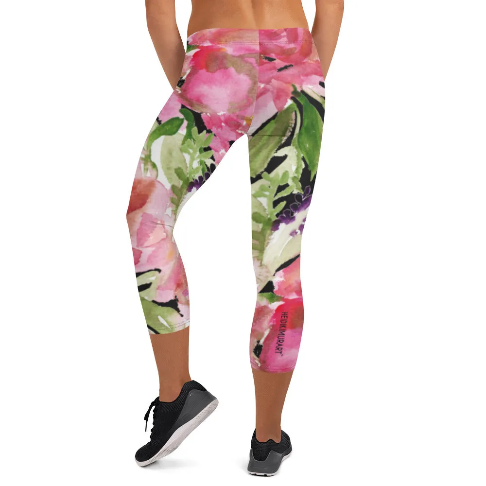 Pink Floral Women's Capri Leggings, Floral Casual Tights Floral Designer Casual 38–40 UPF Capri Leggings Activewear Outfit - Made in USA/EU/MX (US Size: XS-XL)