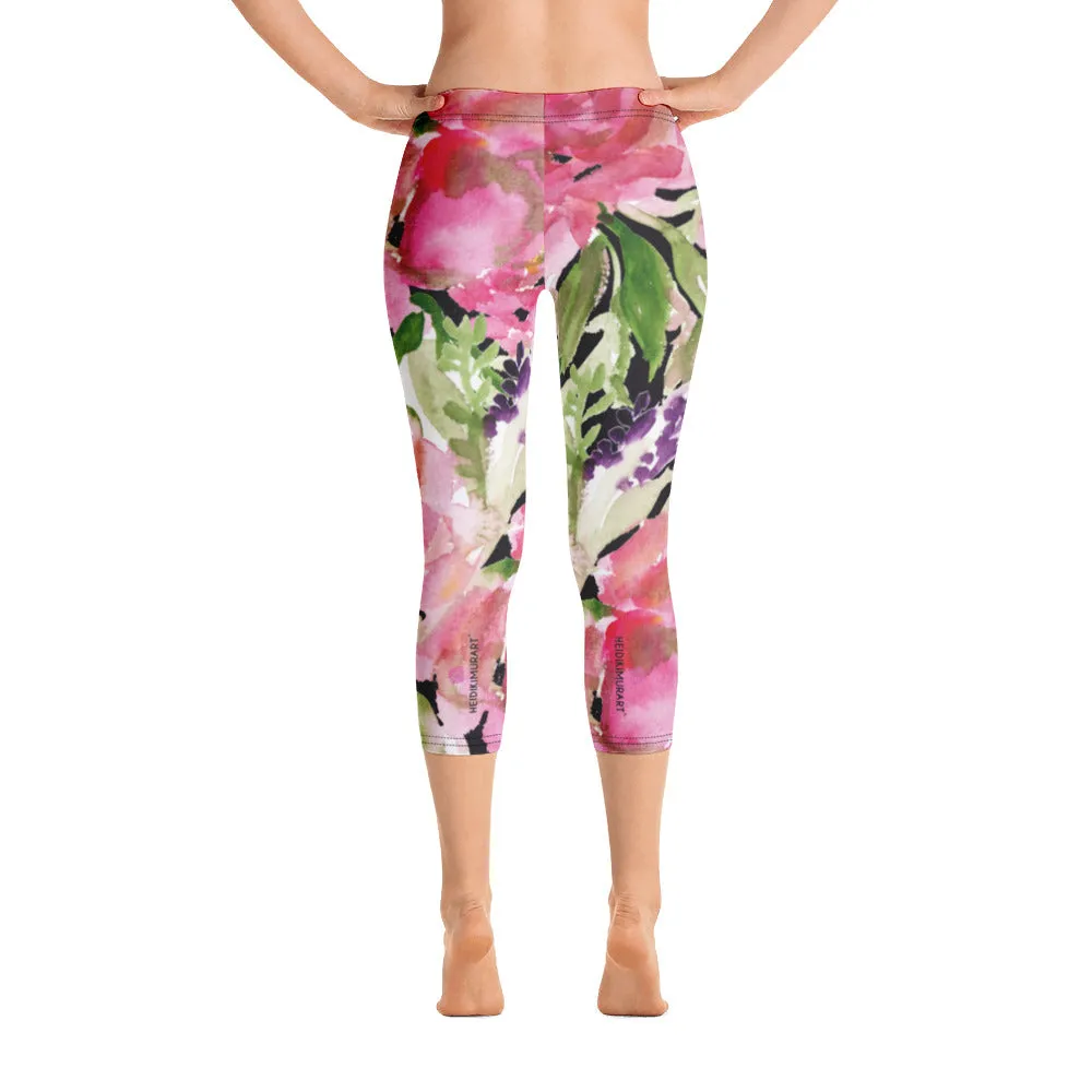 Pink Floral Women's Capri Leggings, Floral Casual Tights Floral Designer Casual 38–40 UPF Capri Leggings Activewear Outfit - Made in USA/EU/MX (US Size: XS-XL)