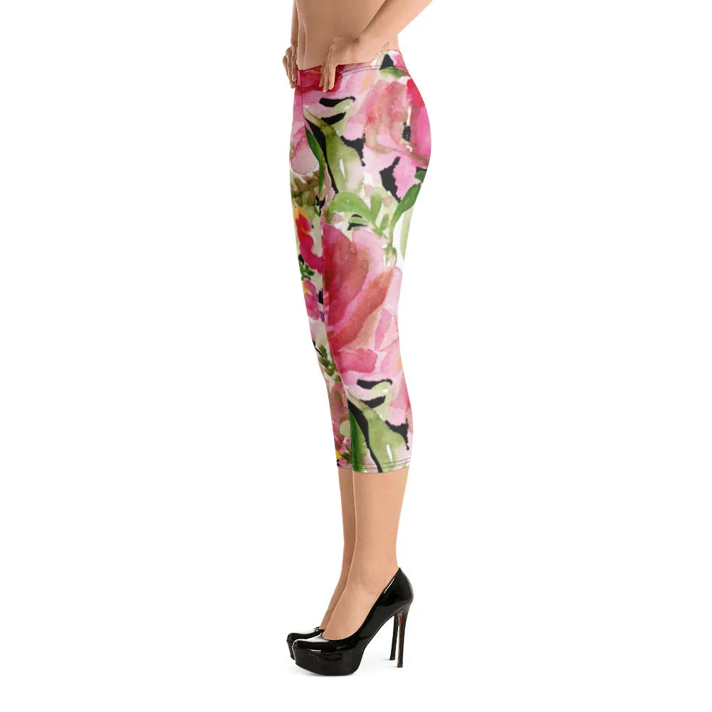 Pink Floral Women's Capri Leggings, Floral Casual Tights Floral Designer Casual 38–40 UPF Capri Leggings Activewear Outfit - Made in USA/EU/MX (US Size: XS-XL)