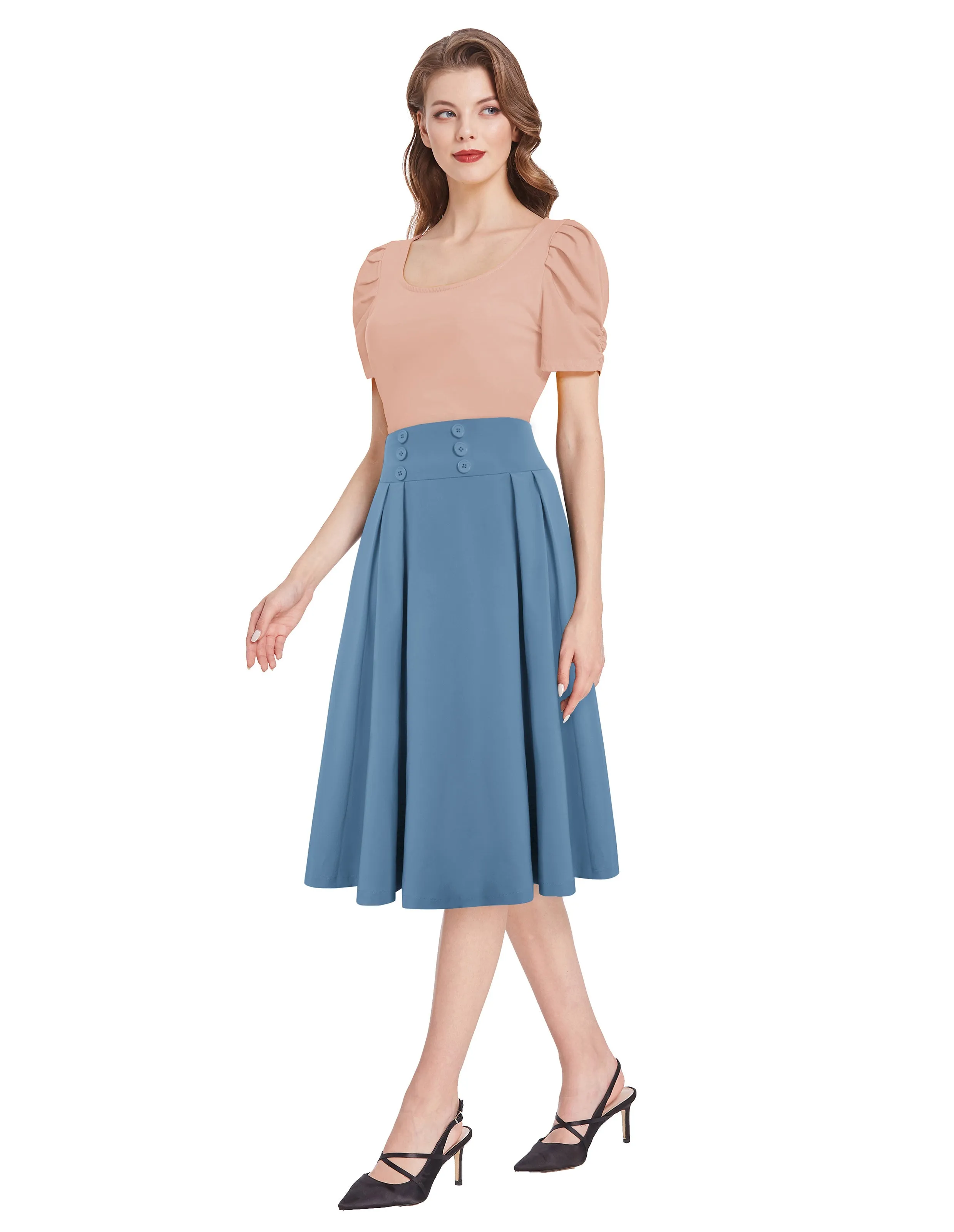 Pleated Buttons Decorated Elastic Waist High Waist Swing A-Line Skirt with Pockets