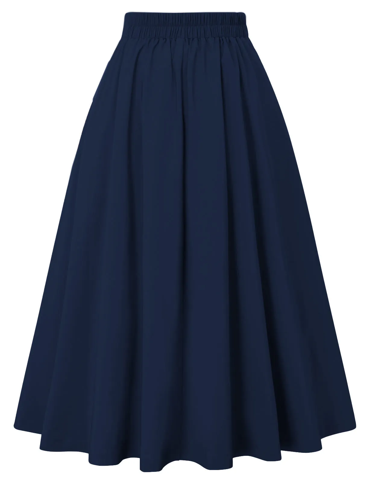 Pleated Buttons Decorated Elastic Waist High Waist Swing A-Line Skirt with Pockets