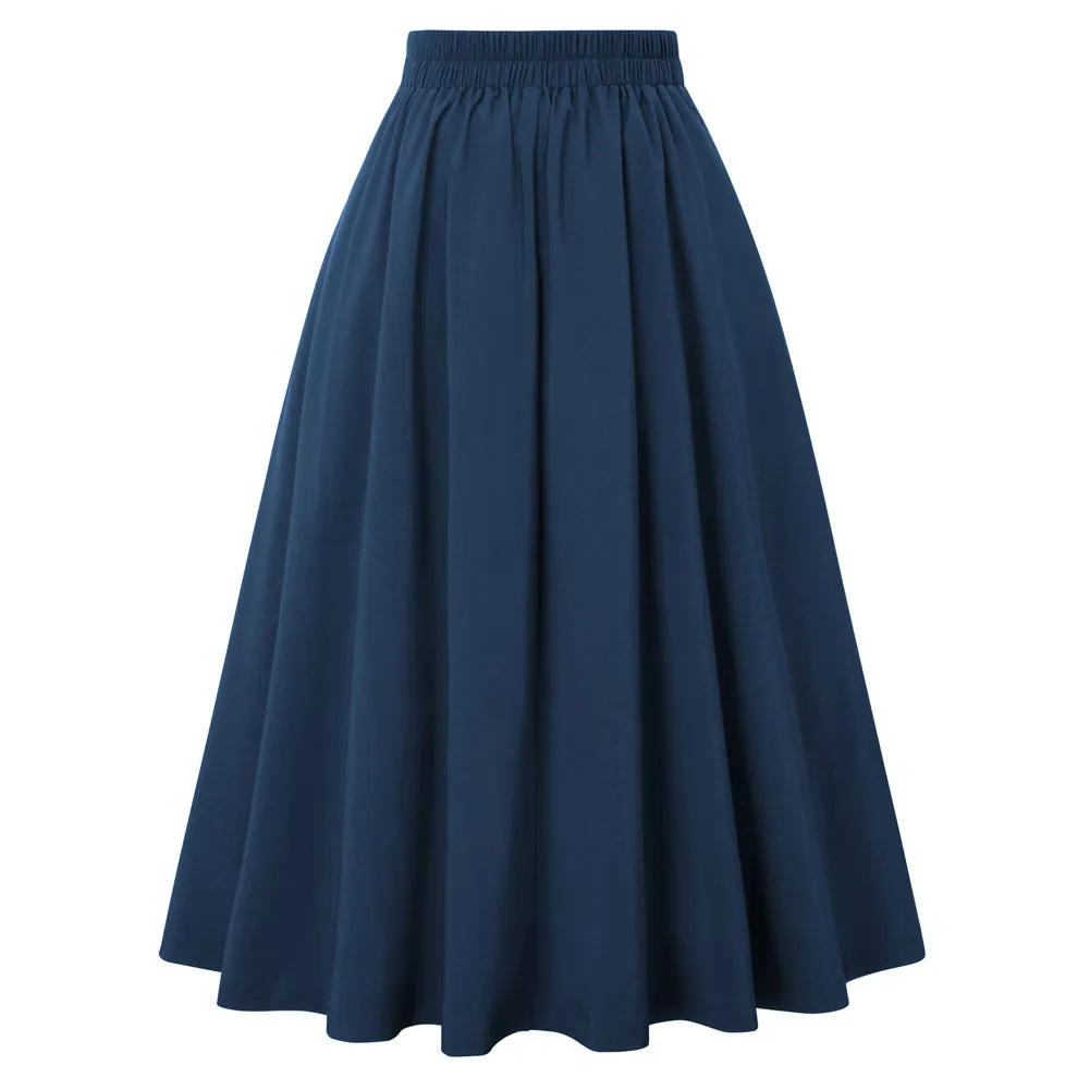 Pleated Buttons Decorated Elastic Waist High Waist Swing A-Line Skirt with Pockets