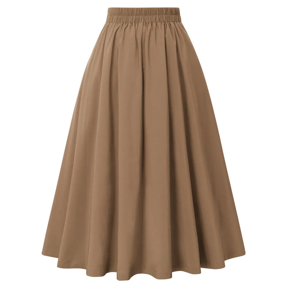 Pleated Buttons Decorated Elastic Waist High Waist Swing A-Line Skirt with Pockets