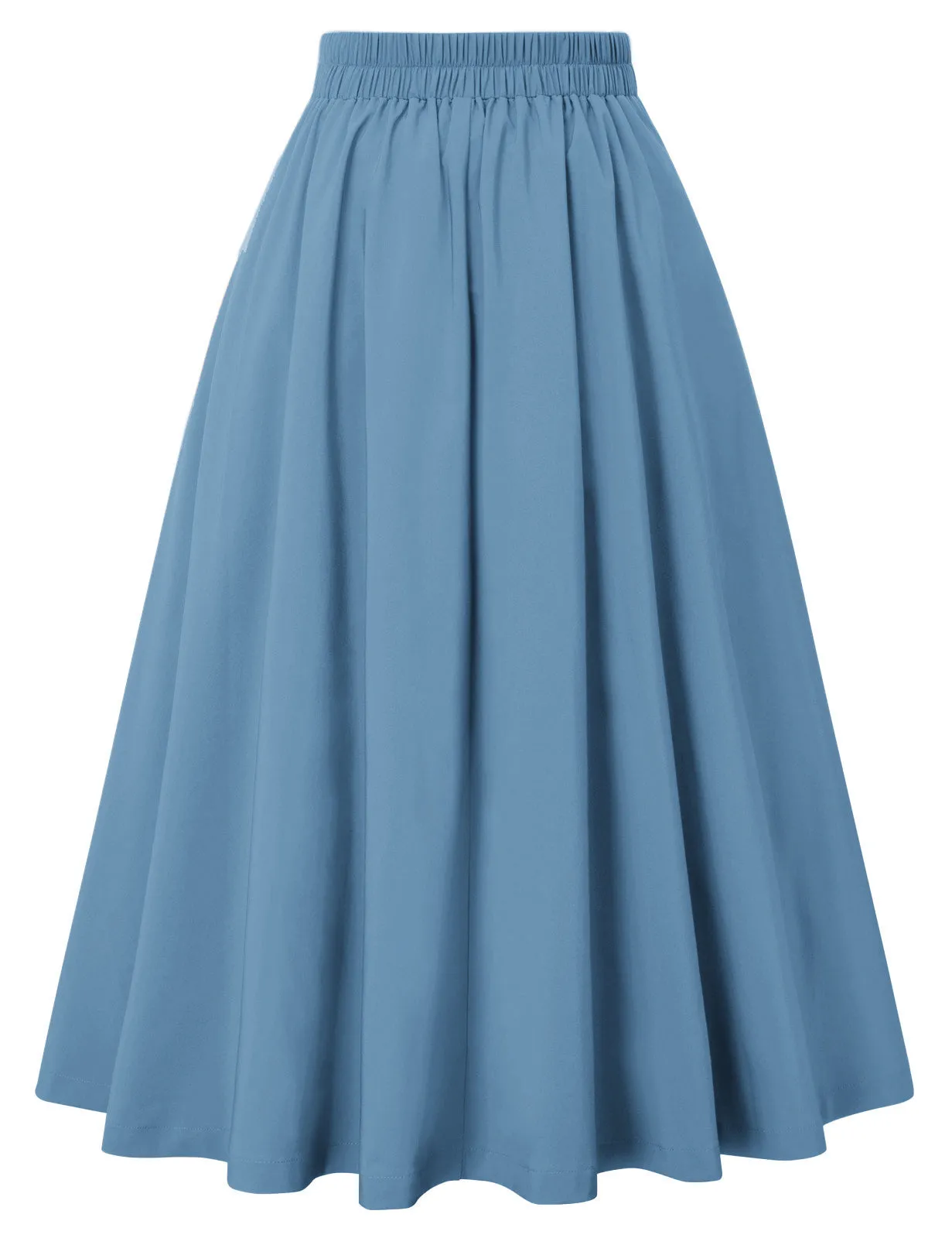 Pleated Buttons Decorated Elastic Waist High Waist Swing A-Line Skirt with Pockets