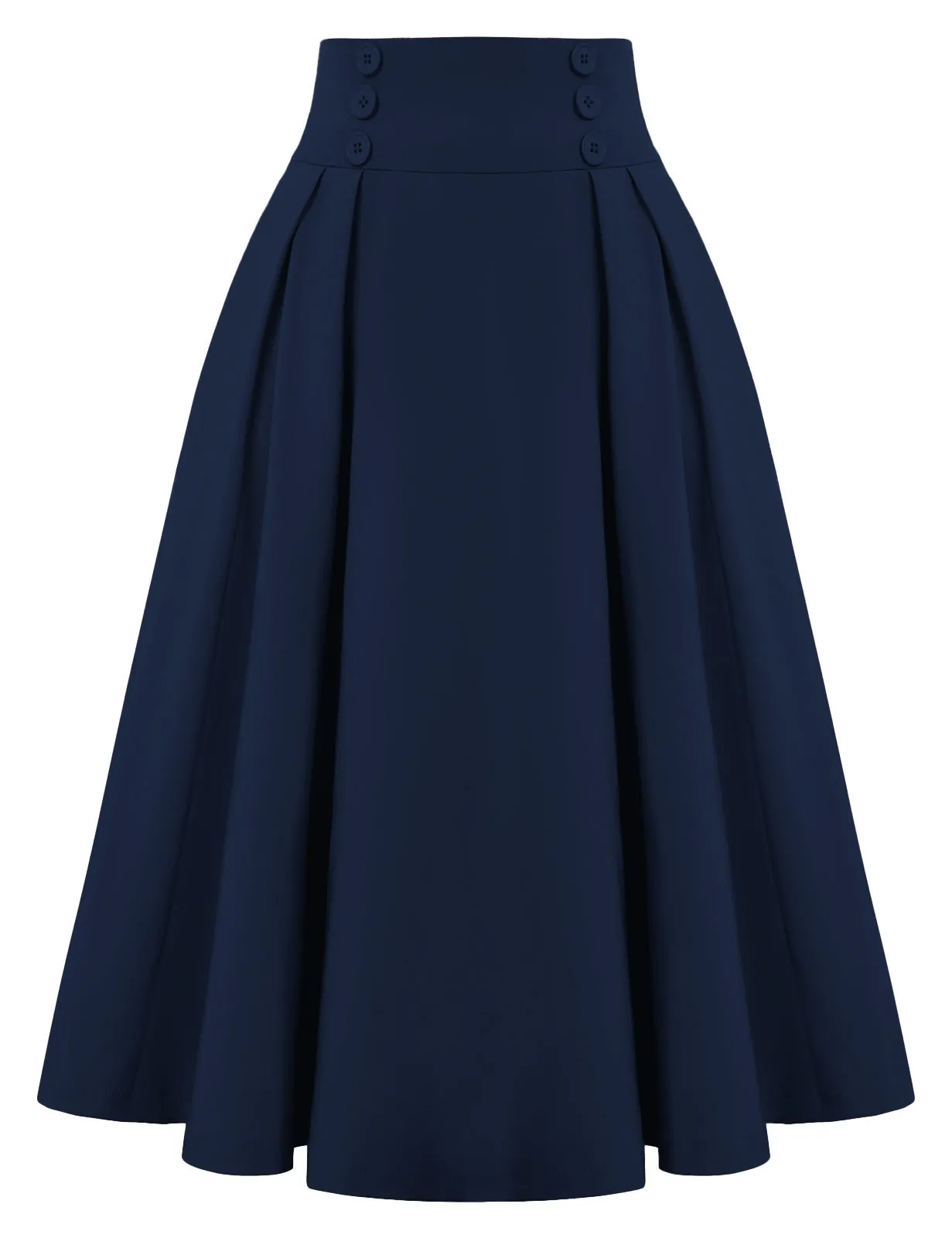 Pleated Buttons Decorated Elastic Waist High Waist Swing A-Line Skirt with Pockets