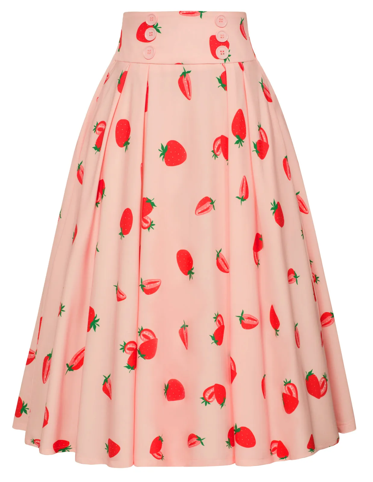 Pleated Buttons Decorated Elastic Waist High Waist Swing A-Line Skirt with Pockets