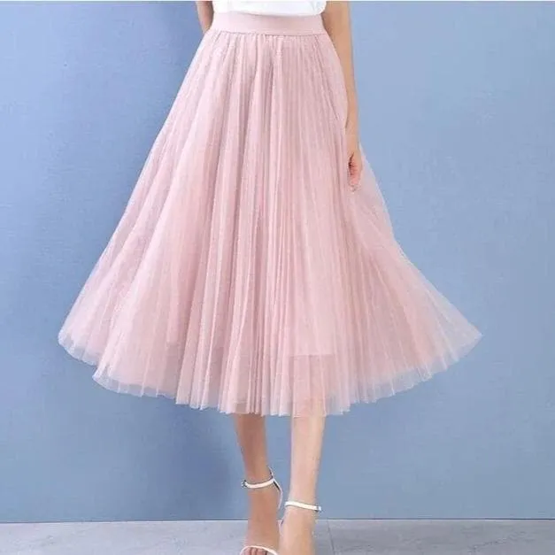 Pleated Mesh Skirt With High Waist And A-Line Cut