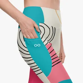 Recycled Patterned Leggings "Modernist" Fuchsia/Turquoise with Pockets