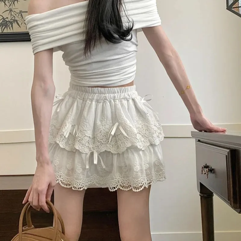 Ruffled Mini Skirt With Lace And Bow Details