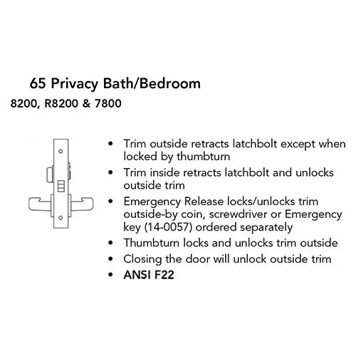 Sargent 8265 LNP Privacy Bath/Bedroom Mortise Lock, P Lever, LN Rose