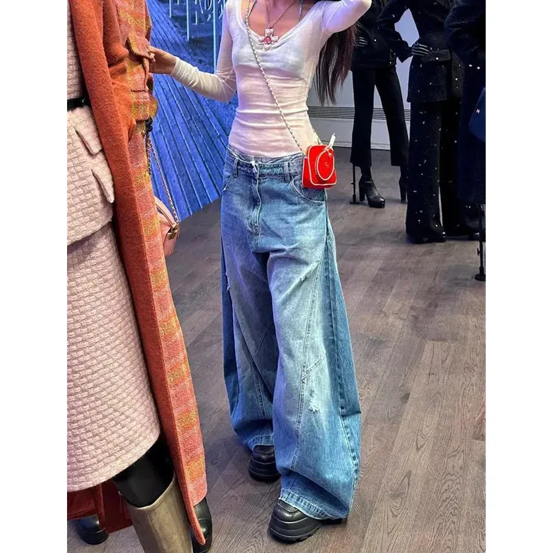 TAIVIMART  -  Y2K Blue Jeans Women Design Sense 90S Vintage High Waisted Jean Straight Trouser Streetwear Casual Loose Wide Leg Denim Pants