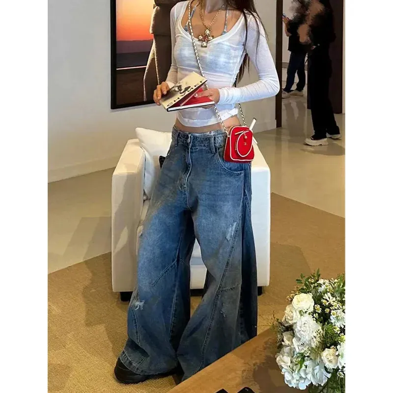 TAIVIMART  -  Y2K Blue Jeans Women Design Sense 90S Vintage High Waisted Jean Straight Trouser Streetwear Casual Loose Wide Leg Denim Pants