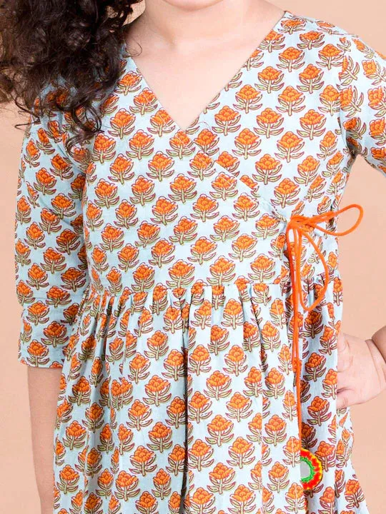 Turquoise Blue Orange Ethnic Motifs Cotton Wrap Dress