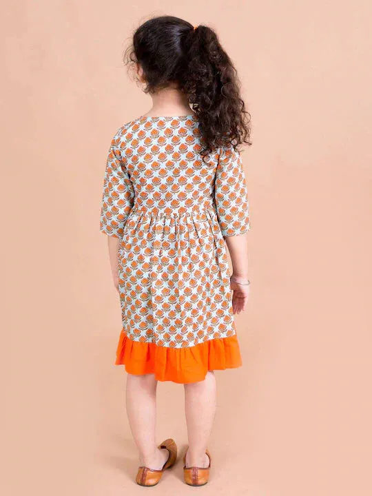 Turquoise Blue Orange Ethnic Motifs Cotton Wrap Dress