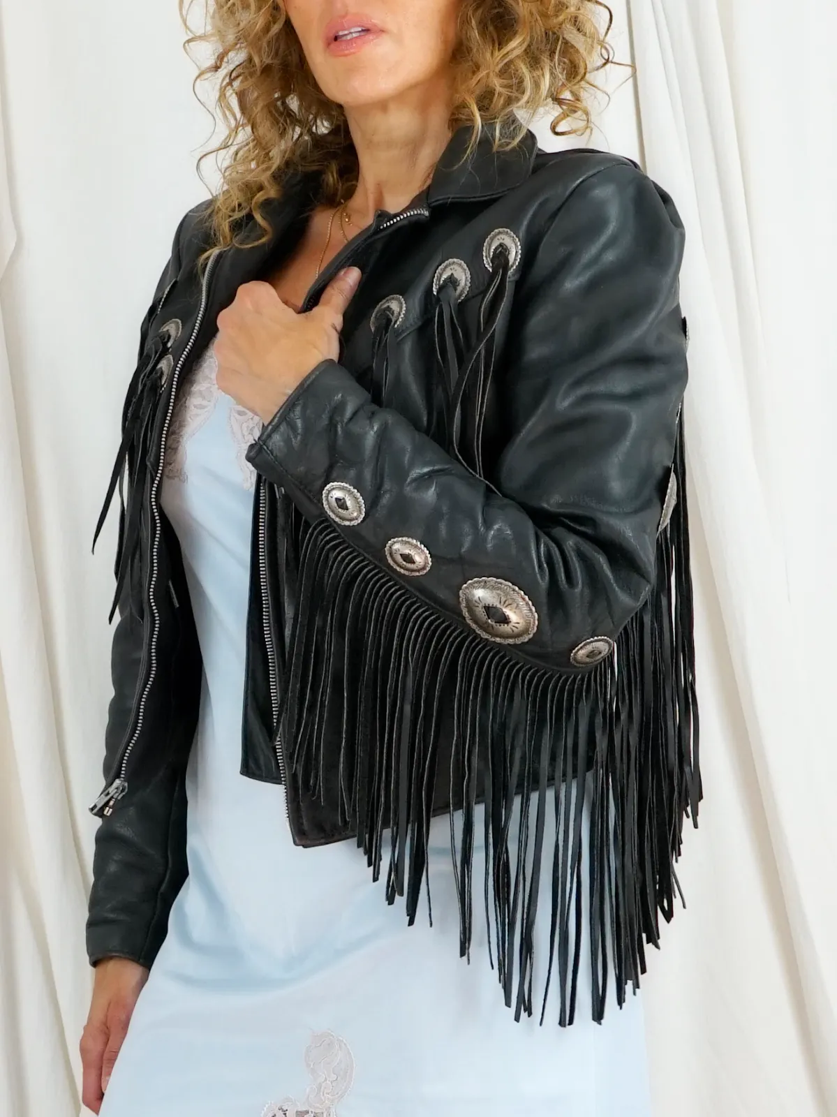 Vintage Leather Fringe Concho Biker Jacket