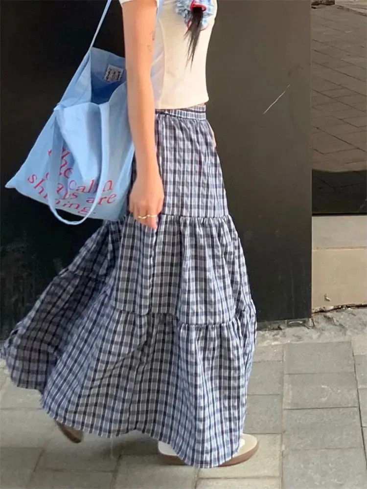 Vintage Ruffled Plaid Elastic Waist A-Line Skirt