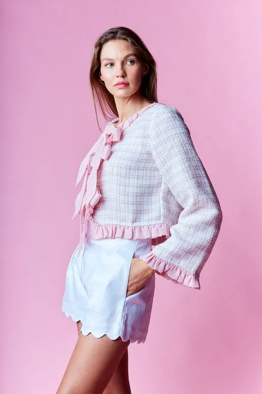 Waitlist 12/25 ♥ Willa Long Sleeve Ruffle Bow Tie Tweed Jacket Pink