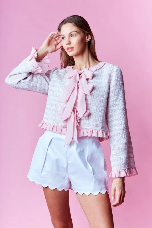 Waitlist 12/25 ♥ Willa Long Sleeve Ruffle Bow Tie Tweed Jacket Pink